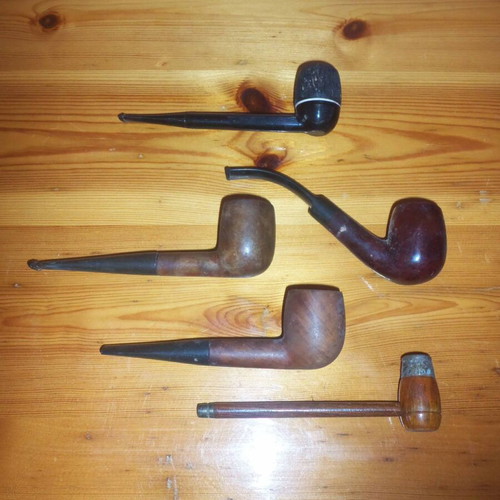 Smoking pipes used, pack of 5 with 4 different designs, 15 cm length