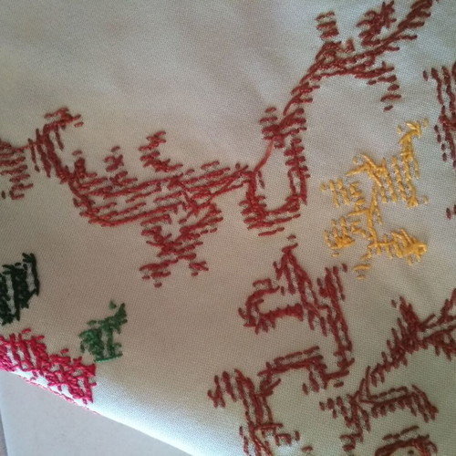 Embroidered handmade tablecloth used, beige with rose design