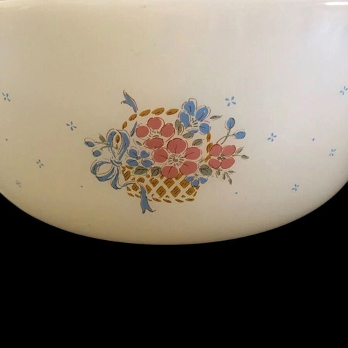 White serving dishes used, oval with lid and large bowl with floral design