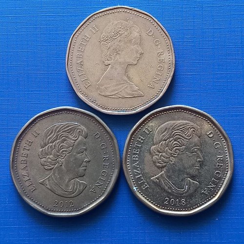 Canada 1 dollar used, set of 3 (1987, 2012, 2018)