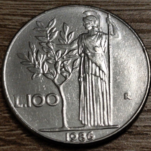 Italian 100 Lire 1986 coin used, Minerva design