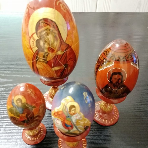 Handmade painted eggs used, set of 7 with Orthodox images