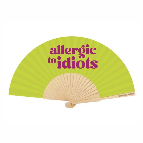 Fan with "Allergic to Idiots" print, 23cm, new