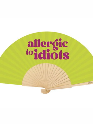 Fan with "Allergic to Idiots" print, 23cm, new