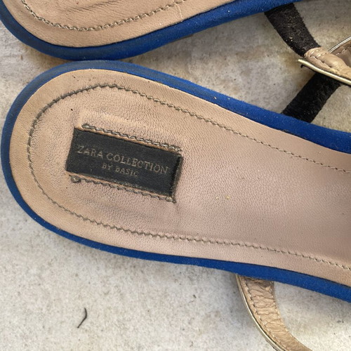 Zara sandals used, leather and suede, blue and gold, size 39