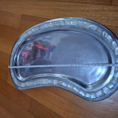 Decorative metal kidney-shaped tray with shell inlay like new