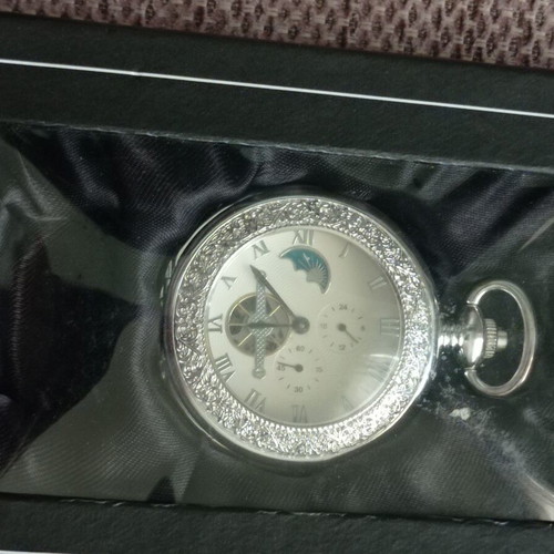 Pocket watch wind-up unused with moon phases silver
