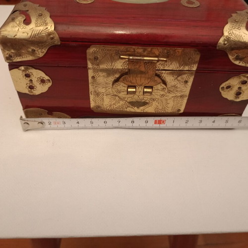 Wooden jewelry box used, red and gold