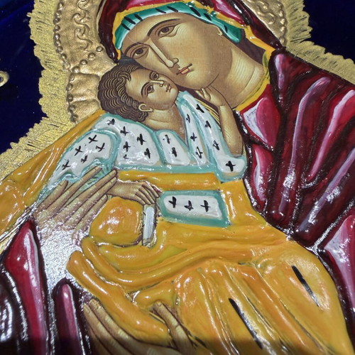 Handmade Greek-Orthodox circular wall icon of Virgin Mary and Christ Child