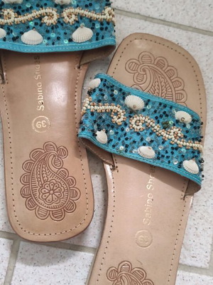 Leather summer slippers shoes new with shells and beads