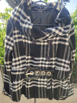 Actuel checked short coat unused with patent belt one size black white