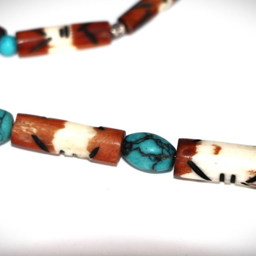 Rosary necklace new with carved bones, semi-precious stones and 925 silver cross