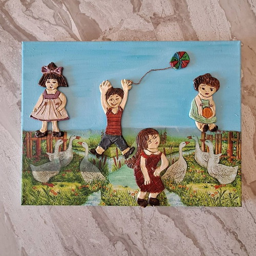 Handmade mixed media painting "A Piece of Childhood Memory" new