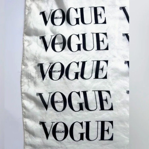 Vogue Hellas silk scarf new, black letters on white background