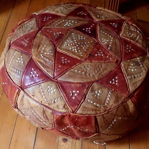 Moroccan handmade pouf from genuine leather used
