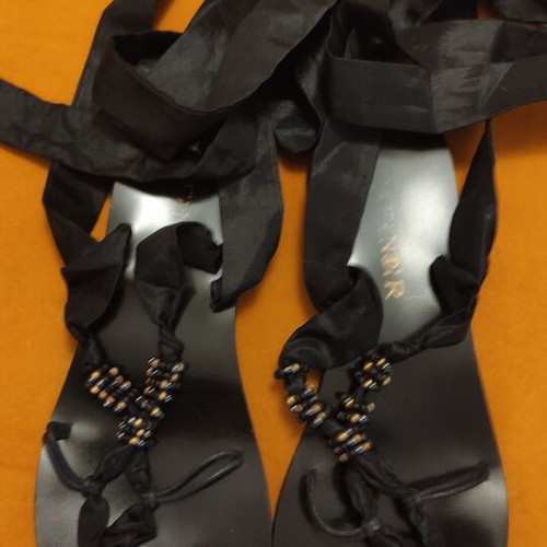 Boho leather sandals like new with black silk ankle ribbons, size 41