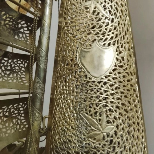 Vintage perforated metal boat lamp with lighthouse, used