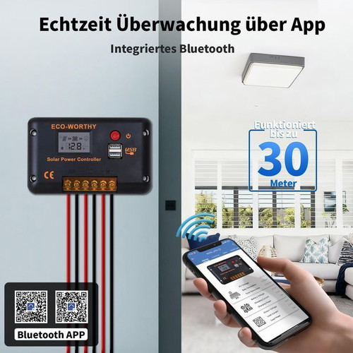 30A Solar Charge Controller 12/24V PWM with Bluetooth and 2 USB Ports