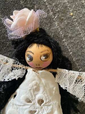 Bride doll pin new with lace and wooden face handmade