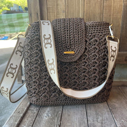 Handmade knitted shoulder bag with wide woven strap, like new