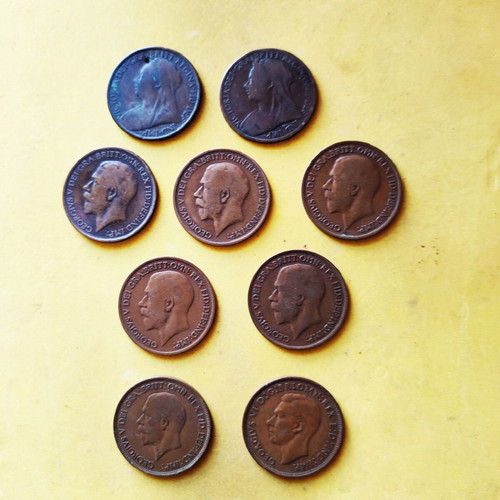 Lot of nine used England one penny coins Victoria George V and VI