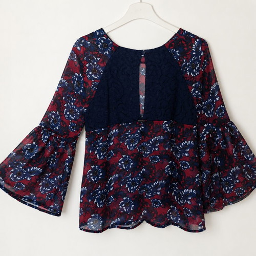 BSB thin blouse with subtle ruffles on sleeves and unique back, multicolor, size M