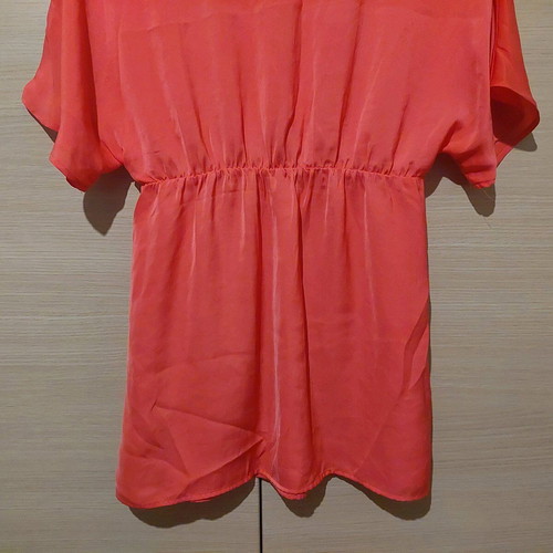 Coral satin-like blouse with V and rhinestones like new, size Medium
