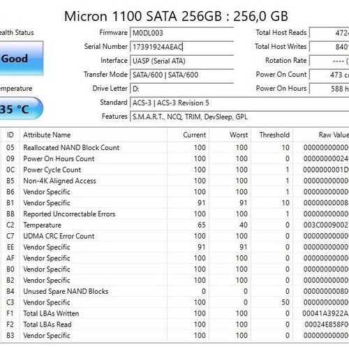 Micron 1100 256GB M.2 SATA SSD like new