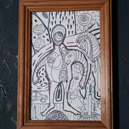 Surrealistic drawing made to order on paper with wooden frame