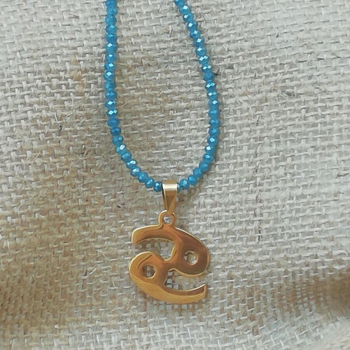 Cancer Zodiac Necklace gold plated with blue iridescent pendant
