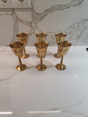 Vintage set of 6 metal liqueur glasses brass with embossed decoration used
