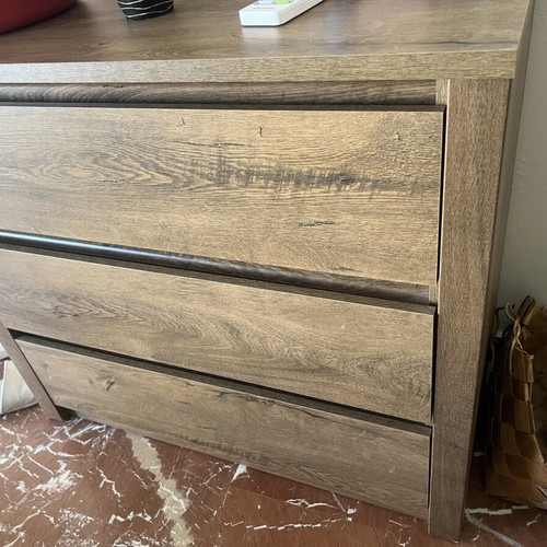 Complete bedroom set used, includes bed, nightstands, drawers, TV unit, coffee table