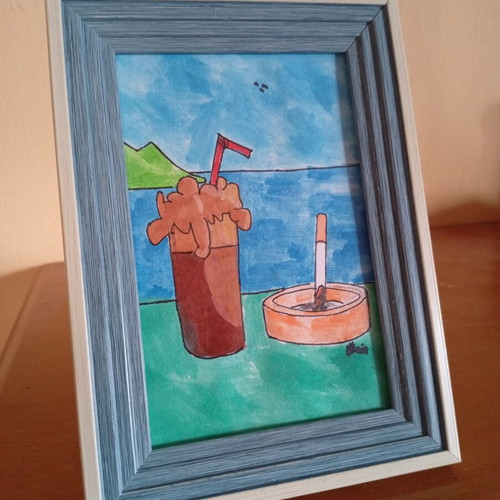 Frappé Drawing Inspired by Greek Summer, New, Watercolor and Ink