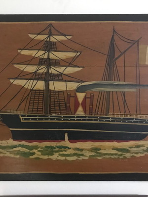 Old painting with ship painted on wood used