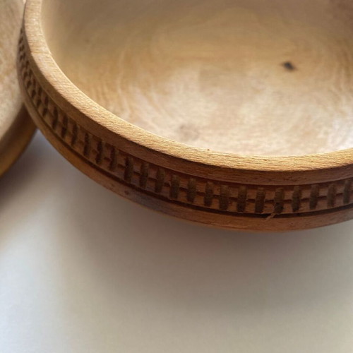 Collectible handcrafted wooden box with lid used, folk art pyrography design