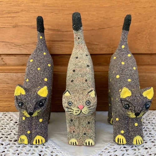 Decorative cat set of 3 new, handmade, wood with colored sand