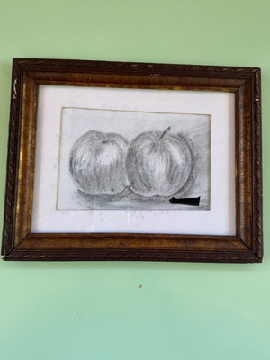 Framed black and white apple drawing