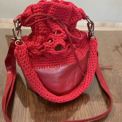 Handmade red leather and knitted pouch shoulder bag