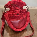 Handmade red leather and knitted pouch shoulder bag