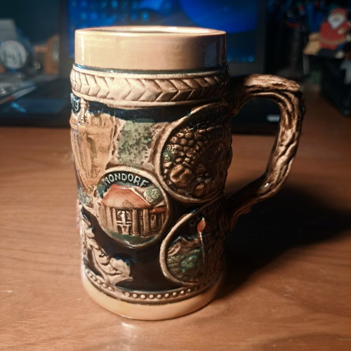 Vintage ceramic beer mug with embossed Luxembourg scenes, like new