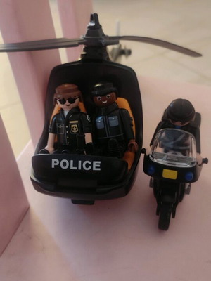 Playmobil police helicopter and motorcycle with three officers used
