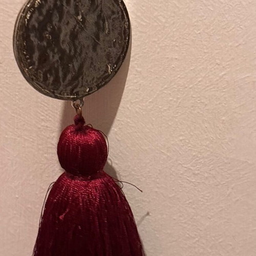 Long necklace with eye and tassel used, silver black and burgundy rhinestones