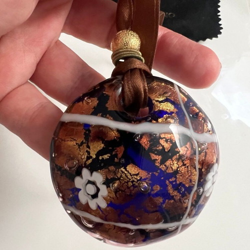 Murano pendant used blue with gold and amber leaf