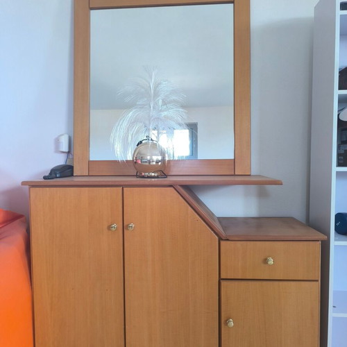 Living room furniture set with console, bookcase, and drawer unit