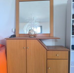 Living room furniture set with console, bookcase, and drawer unit