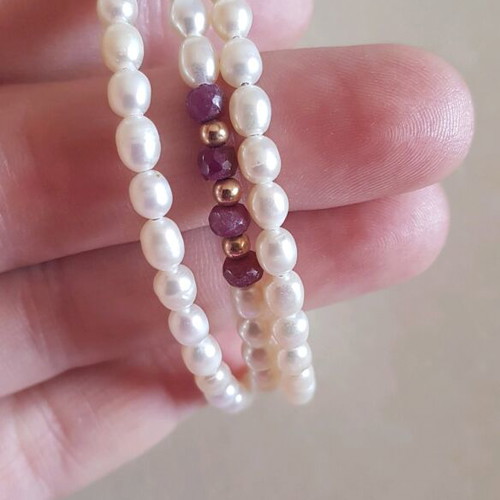 Jewelry set used with pearls, rubies and 14K gold beads bracelet and ring