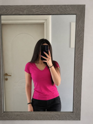 Fuchsia V-Neck Short Sleeve Blouse M 38 like new