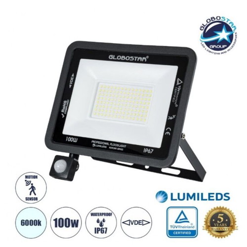 GloboStar AURORA 61443 Professional LED Floodlight 100W 12500lm with Motion Sensor
