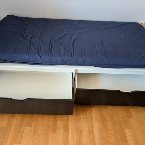 Bed frame with 2 storage boxes, like new