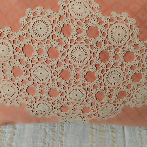 Woven pillow with handmade knitted details like new, cotton